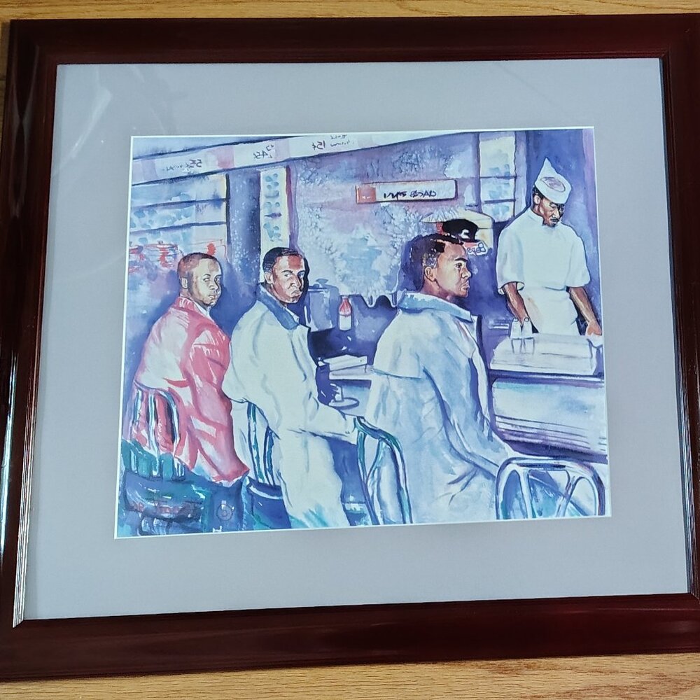 Black History Print "Diner" Scene Framed Matted Vintage Signed T. Scott 1996